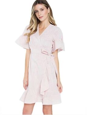 Sugarlips Marlene Cotton Wrap Dress Ruffle Hem Sleeve Whimsy Pink Coquette Bow